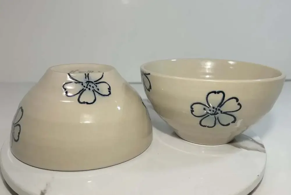 Pier One Imports Blue Hibiscus Flower Stoneware Bowls Set of Two